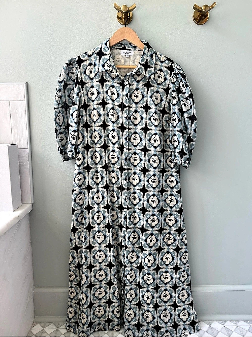 Olivia James The Label Ikat Geometric Maxi Dress in Blue & Black Size Large